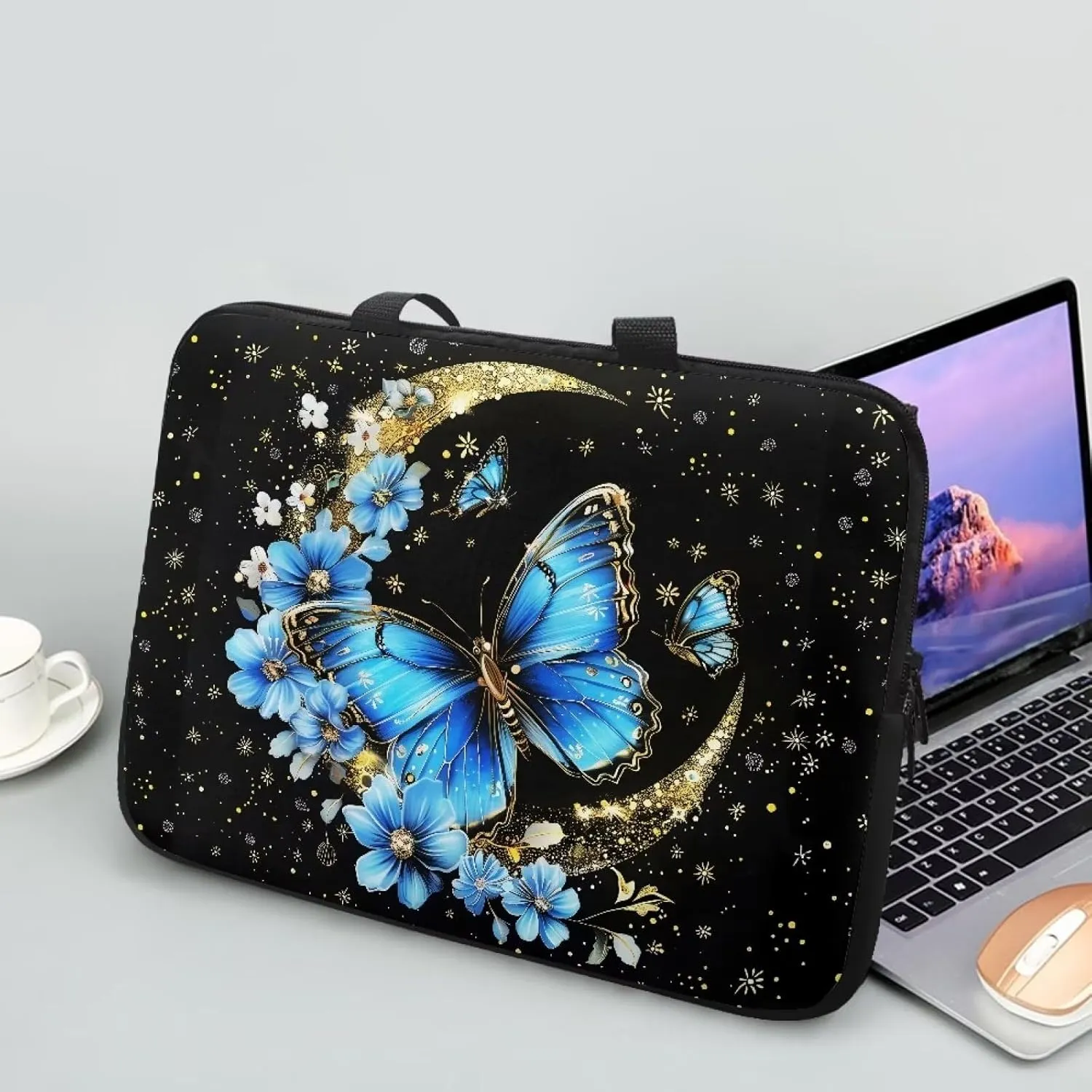 Blue Butterfly Laptop Sleeve Moon 10 Inch Laptop Bag Computer Bag Carrying Case Portable Notebook Cover Messenger Briefcase Tablet Case with Handle for Travel Business School