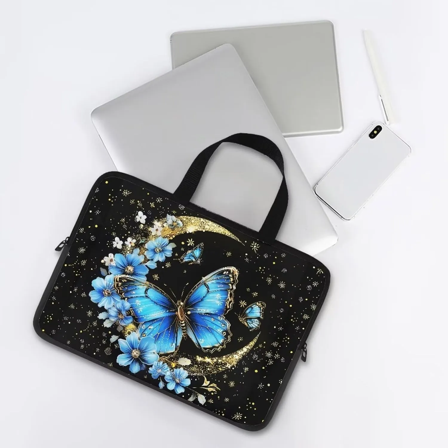 Blue Butterfly Laptop Sleeve Moon 10 Inch Laptop Bag Computer Bag Carrying Case Portable Notebook Cover Messenger Briefcase Tablet Case with Handle for Travel Business School