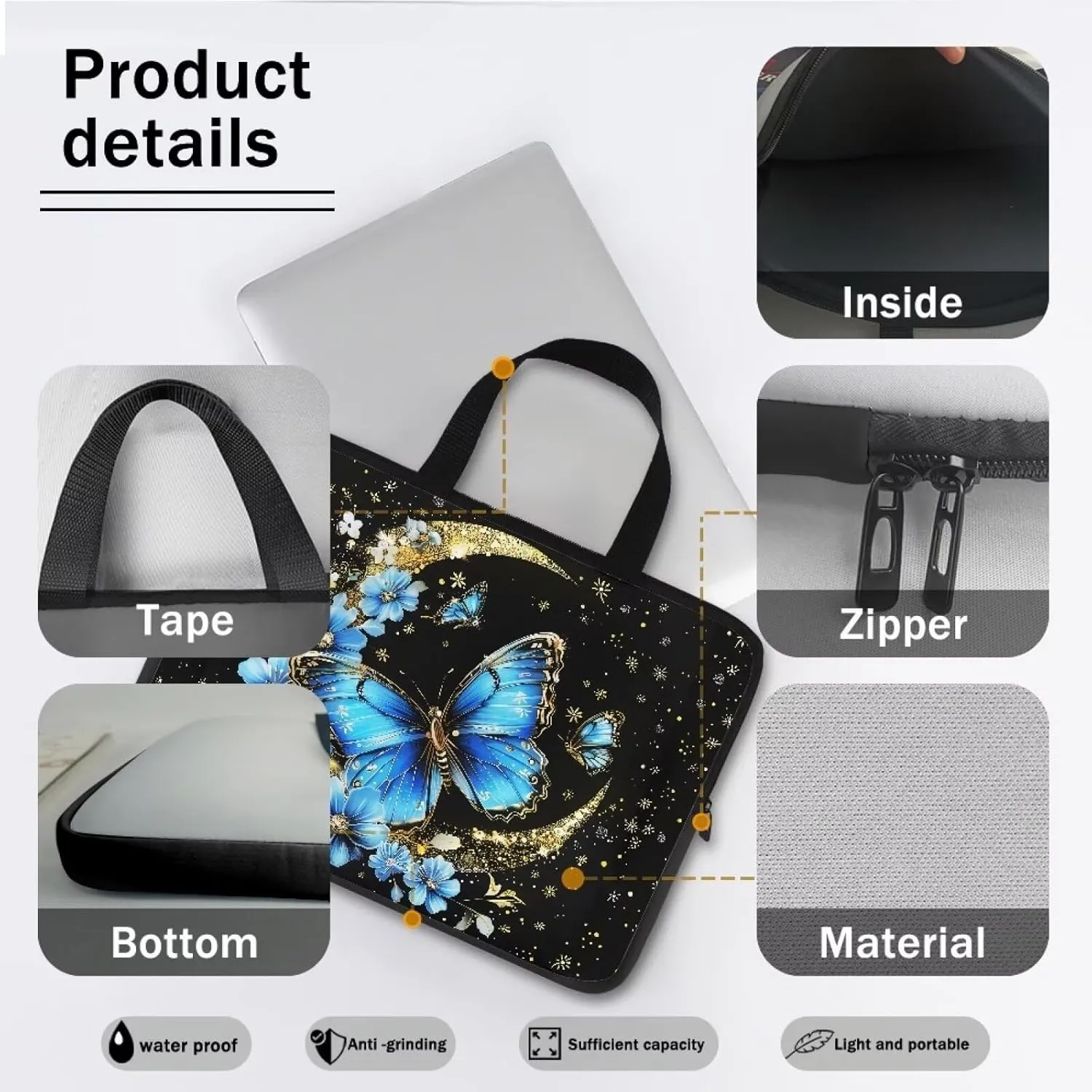 Blue Butterfly Laptop Sleeve Moon 10 Inch Laptop Bag Computer Bag Carrying Case Portable Notebook Cover Messenger Briefcase Tablet Case with Handle for Travel Business School