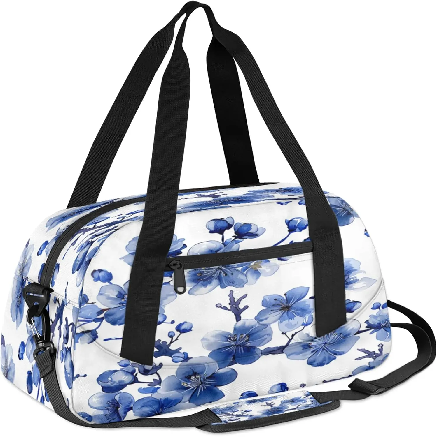 Blue Cherry Blossoms Print Kids Duffel Bag Lightweight Waterproof Sports Gym Bag with Front Zipper Pocket Foldable Weekender Overnight Bag for School Practice Gymnastic Ballet