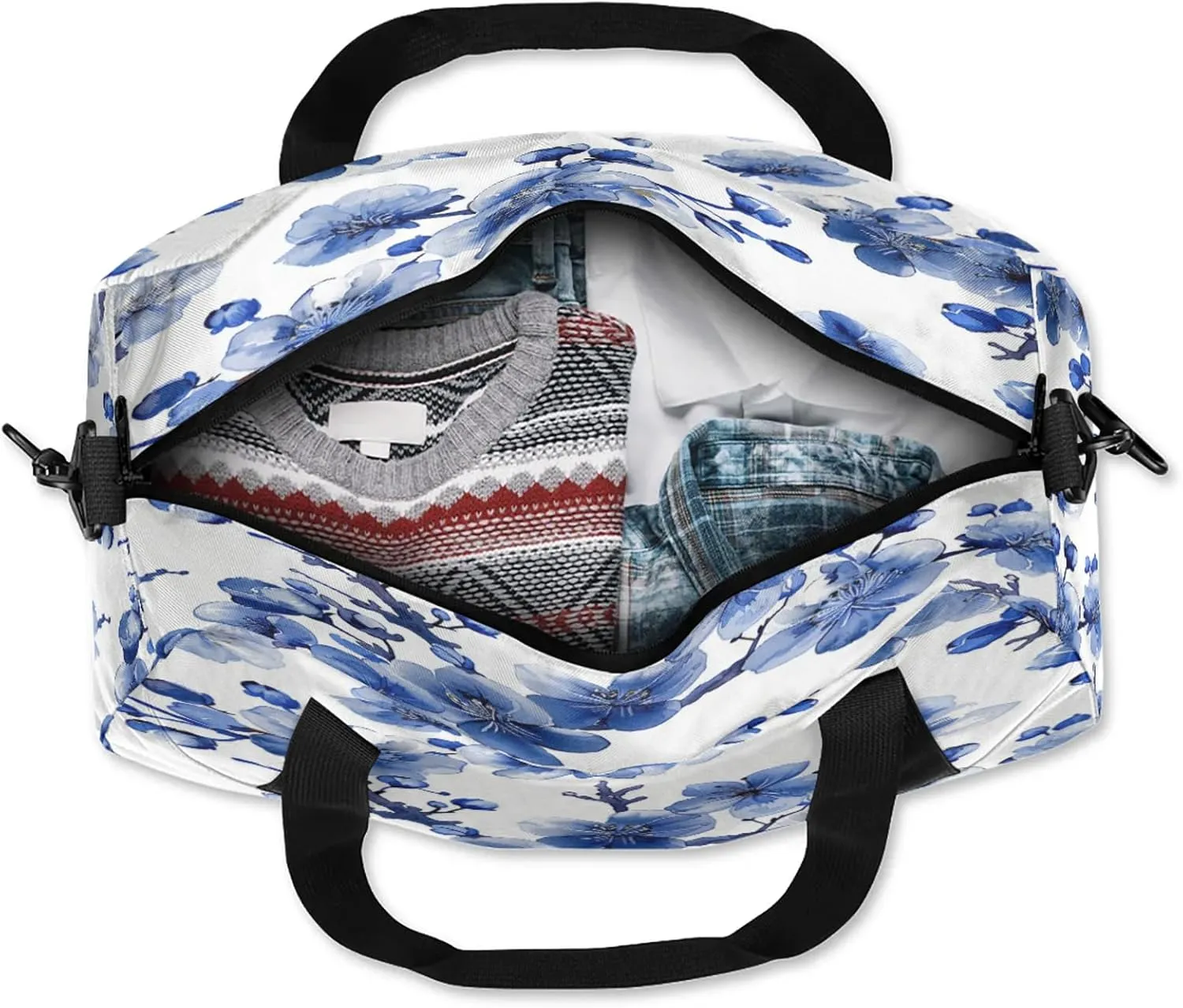 Blue Cherry Blossoms Print Kids Duffel Bag Lightweight Waterproof Sports Gym Bag with Front Zipper Pocket Foldable Weekender Overnight Bag for School Practice Gymnastic Ballet