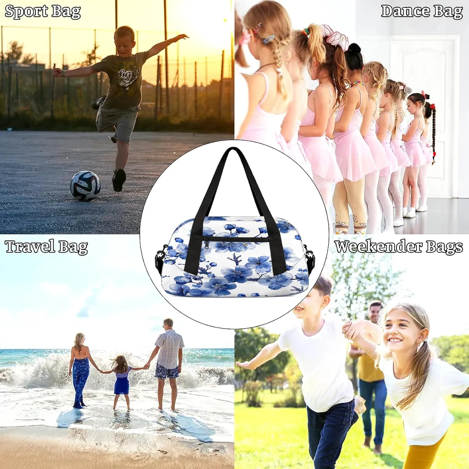 Blue Cherry Blossoms Print Kids Duffel Bag Lightweight Waterproof Sports Gym Bag with Front Zipper Pocket Foldable Weekender Overnight Bag for School Practice Gymnastic Ballet