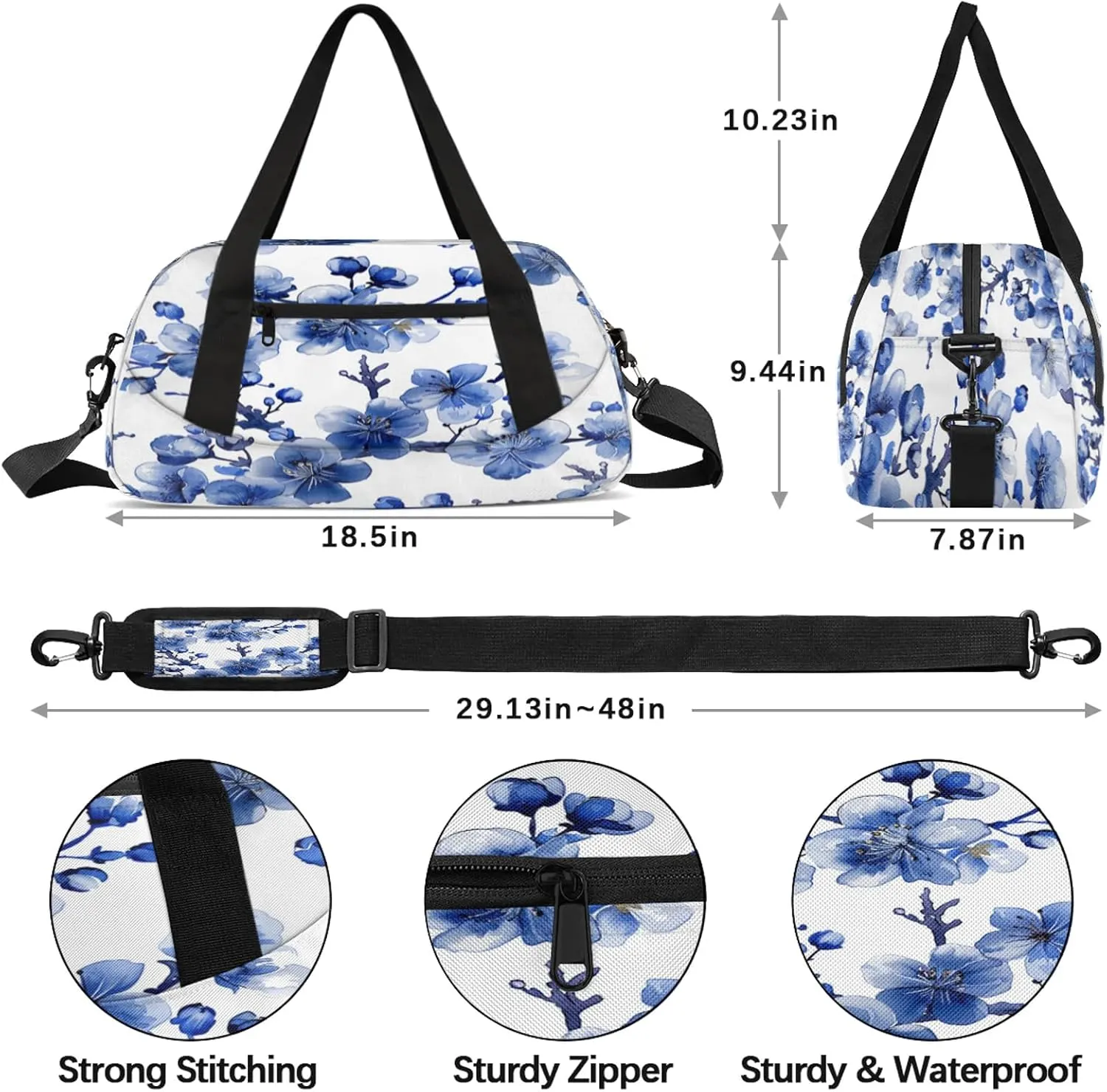 Blue Cherry Blossoms Print Kids Duffel Bag Lightweight Waterproof Sports Gym Bag with Front Zipper Pocket Foldable Weekender Overnight Bag for School Practice Gymnastic Ballet