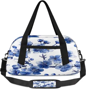 Blue Cherry Blossoms Print Kids Duffel Bag Lightweight Waterproof Sports Gym Bag with Front Zipper Pocket Foldable Weekender Overnight Bag for School Practice Gymnastic Ballet