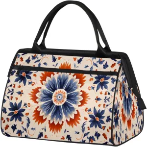 Blue Tile Colorful Mandala Flowers Gym Bag for Women Men, Travel Sports Duffel Bag with Trolley Sleeve, Waterproof Sports Gym Bag Weekender Overnight Bag Carry On Tote Bag for Gym Sport Travel
