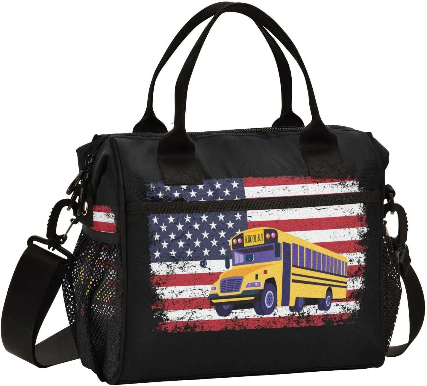 Boccsty School Bus Driver America Flag Kids Reusable Lunch Box Patriotic Bus Driving Boys Girls Insulated Lunch Bag Women Men Cooler Tote Bag Organizer Meal Prep for School Office Picnic M