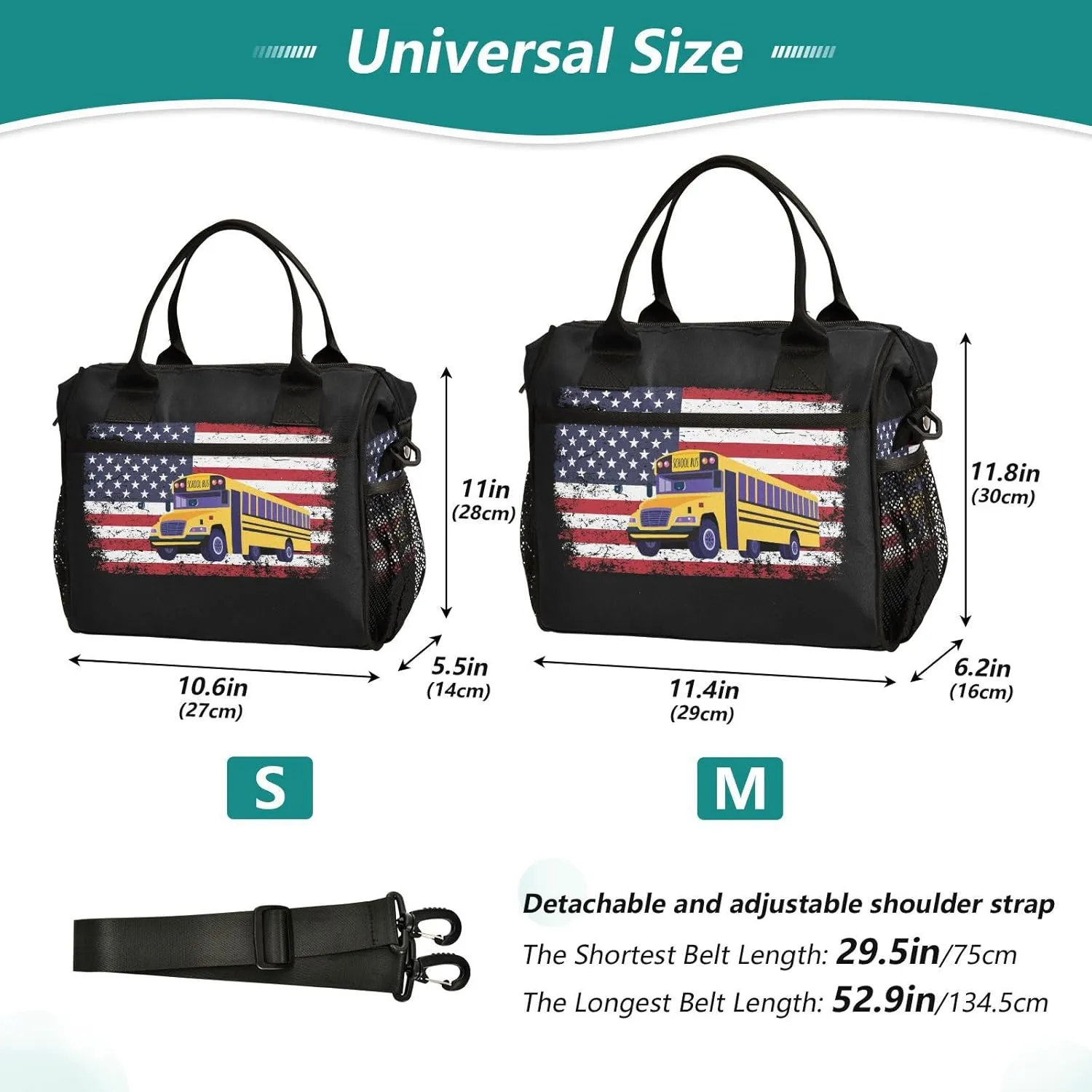 Boccsty School Bus Driver America Flag Kids Reusable Lunch Box Patriotic Bus Driving Boys Girls Insulated Lunch Bag Women Men Cooler Tote Bag Organizer Meal Prep for School Office Picnic M