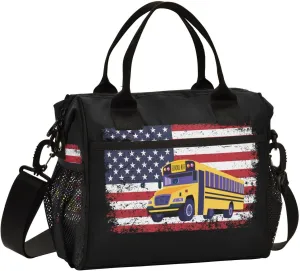 Boccsty School Bus Driver America Flag Kids Reusable Lunch Box Patriotic Bus Driving Boys Girls Insulated Lunch Bag Women Men Cooler Tote Bag Organizer Meal Prep for School Office Picnic M