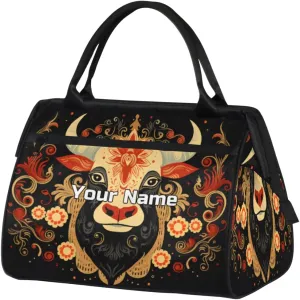 Bohemian Dairy Cow Travel Duffel Bag, Personalized Sports Gym Bag Custom for Women and Men Waterproof Overnight Weekender Carry On Tote Bags for Airplanes, Traveling, Gym, Football, Hospital Bag