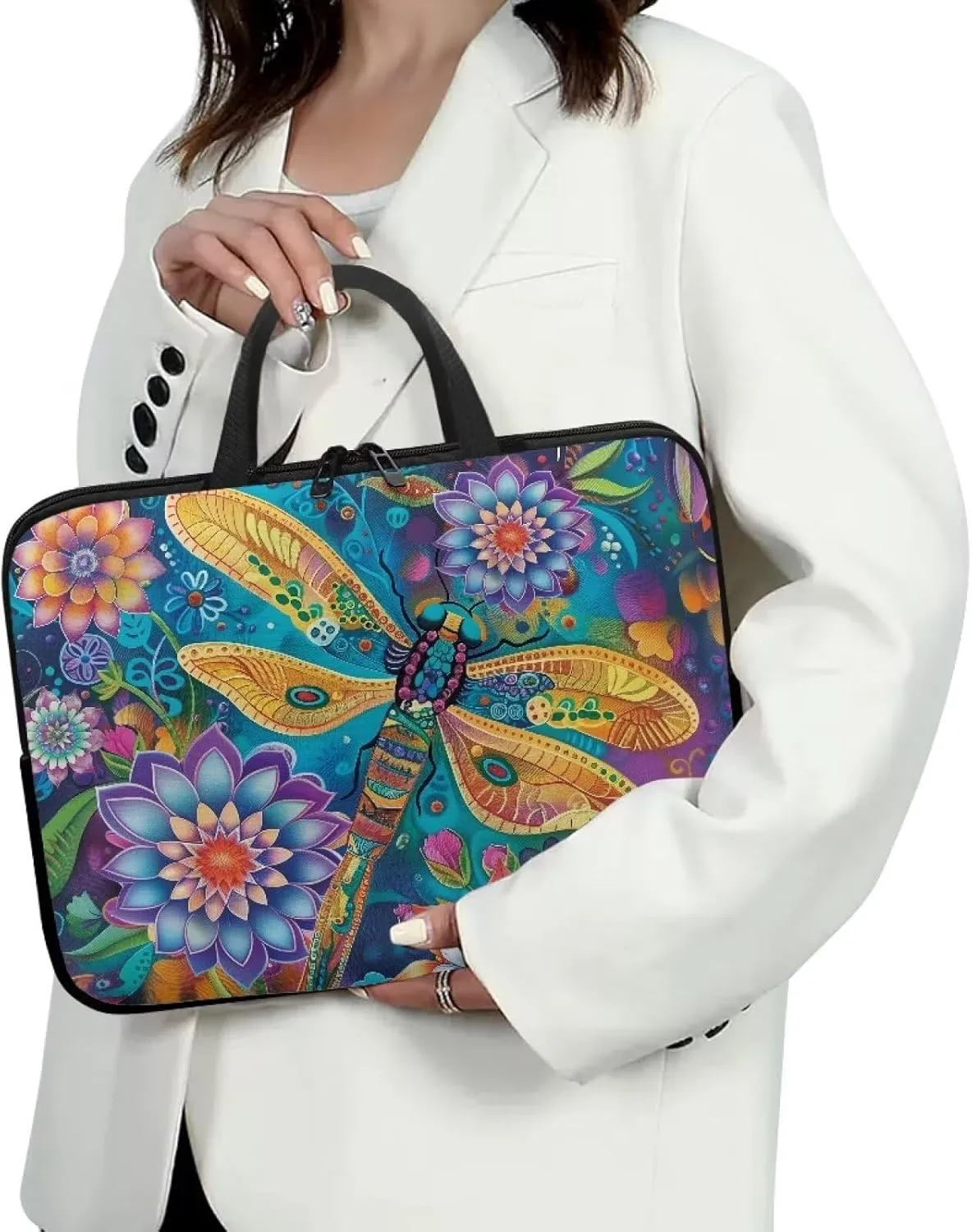 Bohemian Flower Dragonfly Print Laptop Sleeve Bag 10-17 Inch Waterproof Laptop Case with Handle and Pocket for Women Men Tablet Protective Briefcase with Zipper for Study Work, 17inch