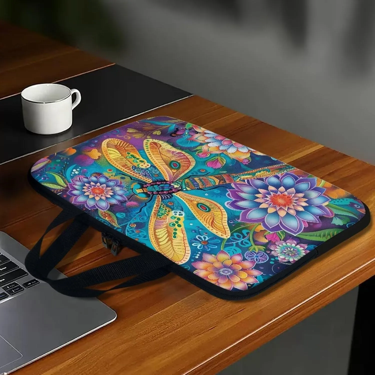 Bohemian Flower Dragonfly Print Laptop Sleeve Bag 10-17 Inch Waterproof Laptop Case with Handle and Pocket for Women Men Tablet Protective Briefcase with Zipper for Study Work, 17inch