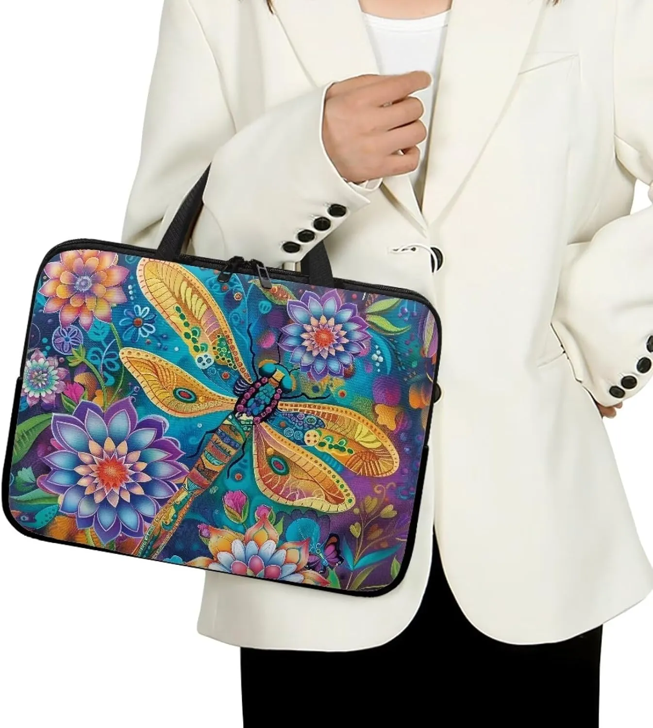 Bohemian Flower Dragonfly Print Laptop Sleeve Bag 10-17 Inch Waterproof Laptop Case with Handle and Pocket for Women Men Tablet Protective Briefcase with Zipper for Study Work, 17inch