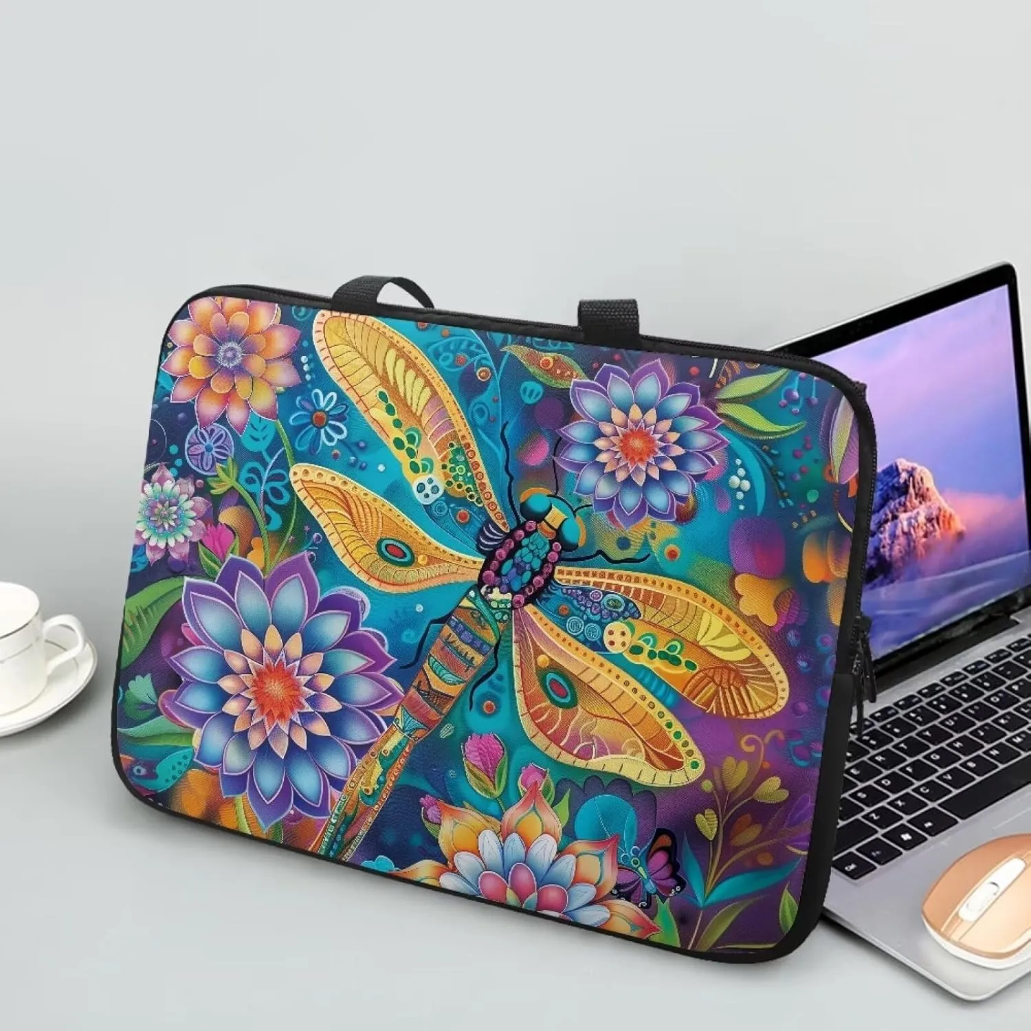 Bohemian Flower Dragonfly Print Laptop Sleeve Bag 10-17 Inch Waterproof Laptop Case with Handle and Pocket for Women Men Tablet Protective Briefcase with Zipper for Study Work, 17inch