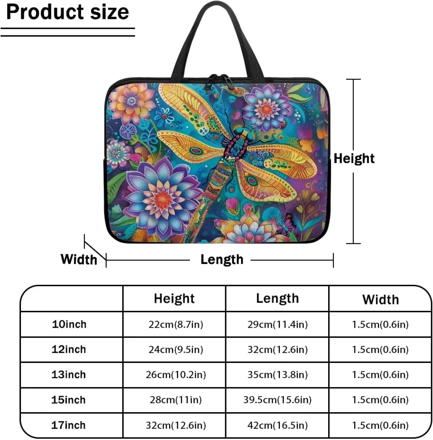 Bohemian Flower Dragonfly Print Laptop Sleeve Bag 10-17 Inch Waterproof Laptop Case with Handle and Pocket for Women Men Tablet Protective Briefcase with Zipper for Study Work, 17inch