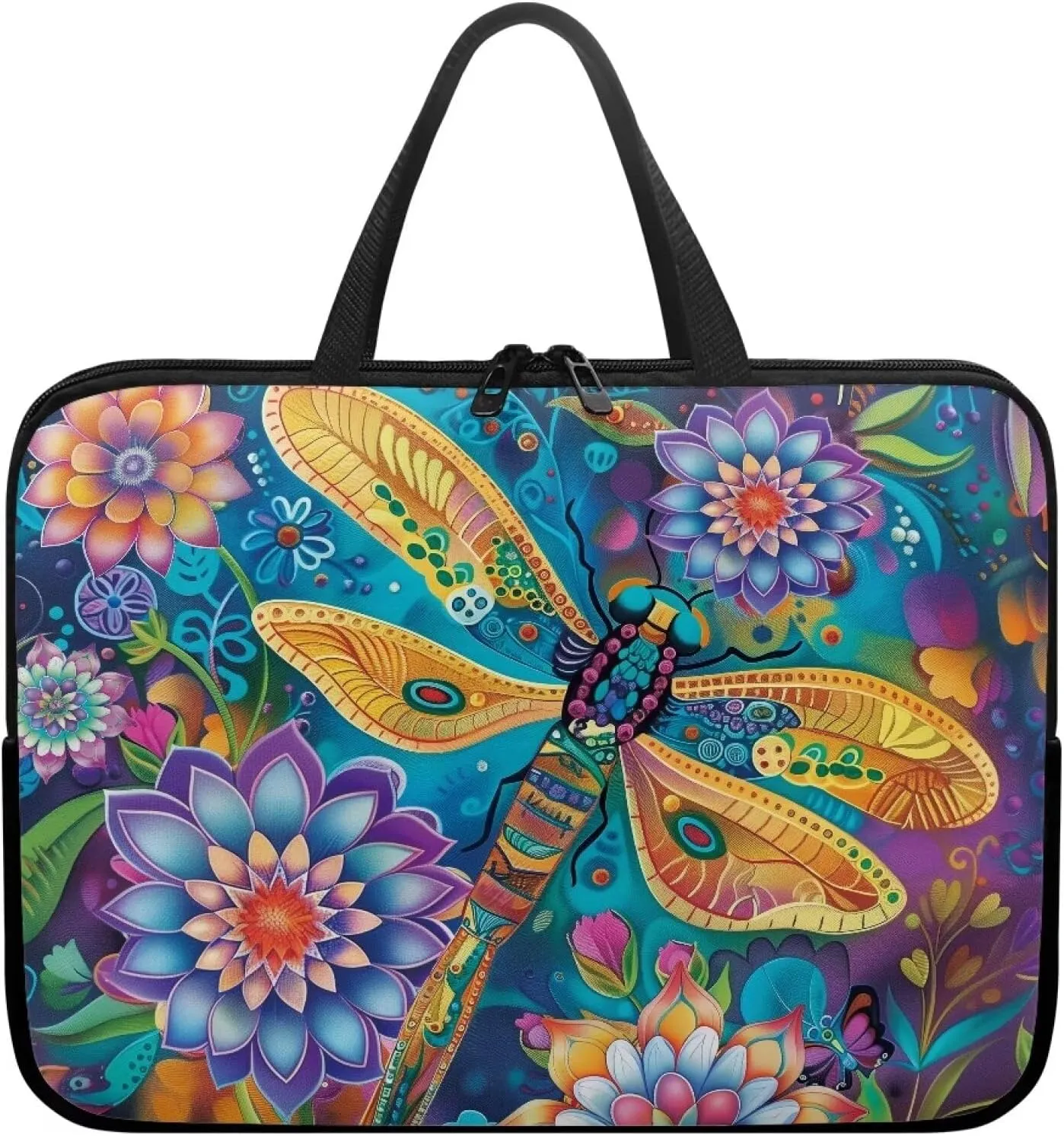 Bohemian Flower Dragonfly Print Laptop Sleeve Bag 10-17 Inch Waterproof Laptop Case with Handle and Pocket for Women Men Tablet Protective Briefcase with Zipper for Study Work, 17inch