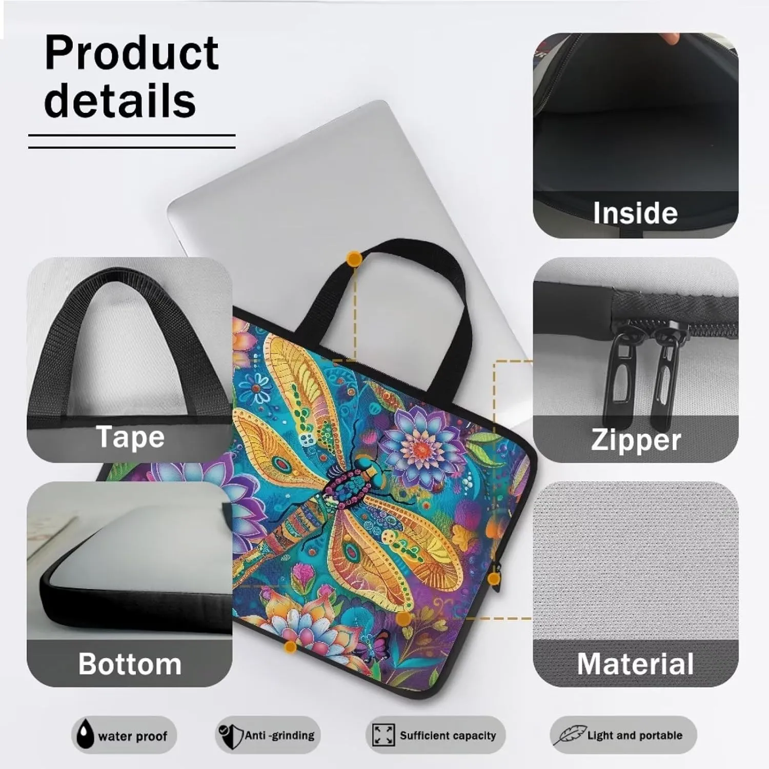 Bohemian Flower Dragonfly Print Laptop Sleeve Bag 10-17 Inch Waterproof Laptop Case with Handle and Pocket for Women Men Tablet Protective Briefcase with Zipper for Study Work, 17inch