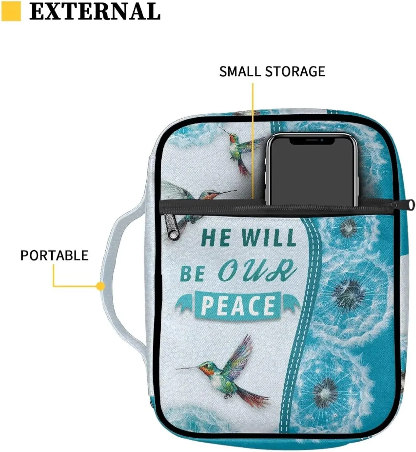 Boho Hummingbird Bible Cover, He Will Be Our Peace, Bookmark Notebook Book Covers Protector with Zipper Pocket