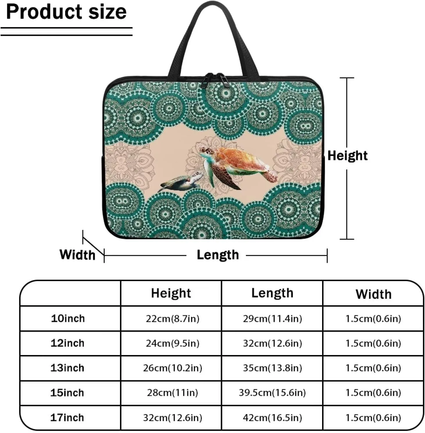 Boho Mandala Turtle Print Laptop Sleeve Case for Work Study Waterproof Travel Laptop Bag with Handle Computer Protector Carrying Briefcase Compatible 10-17inch Tablet, 17inch