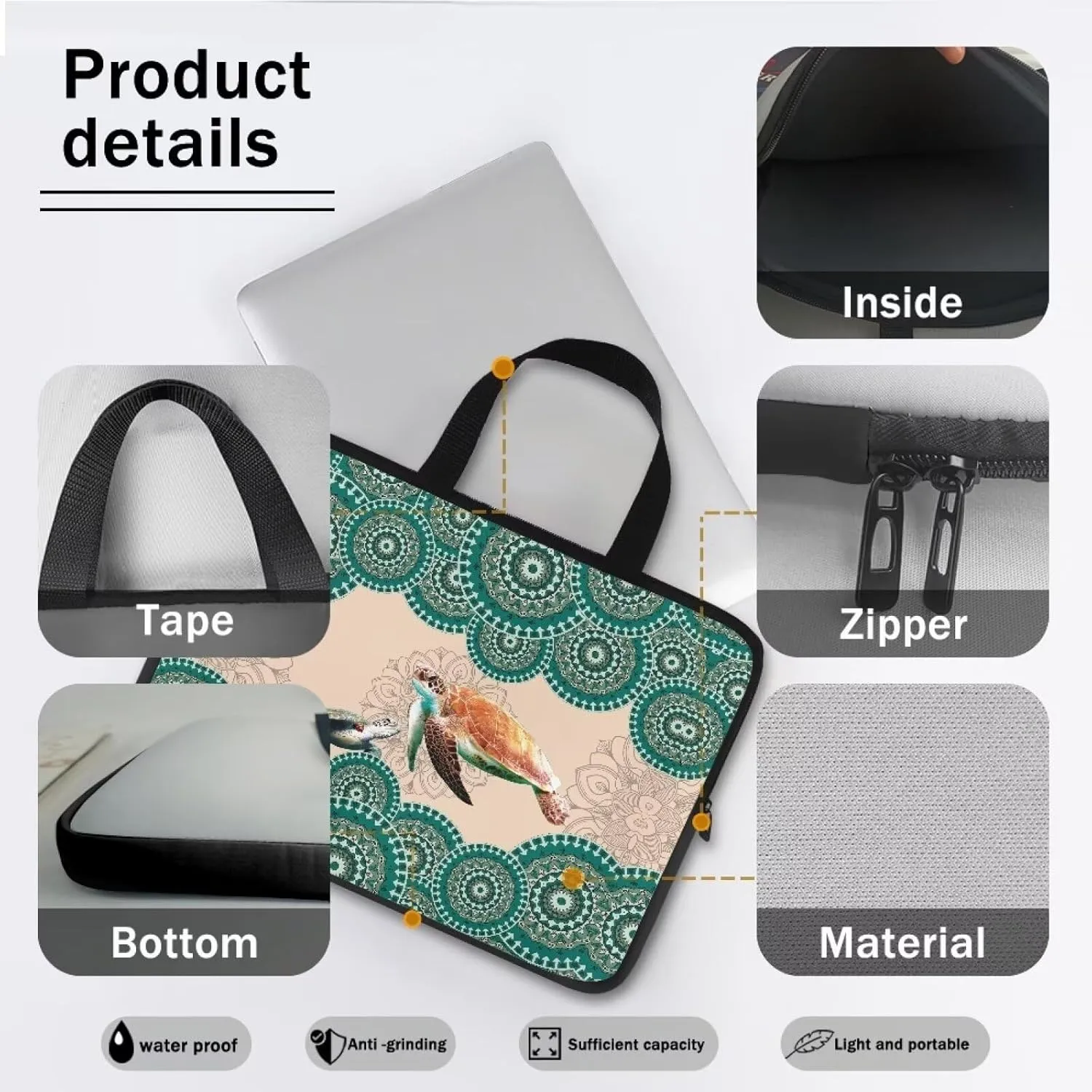 Boho Mandala Turtle Print Laptop Sleeve Case for Work Study Waterproof Travel Laptop Bag with Handle Computer Protector Carrying Briefcase Compatible 10-17inch Tablet, 17inch