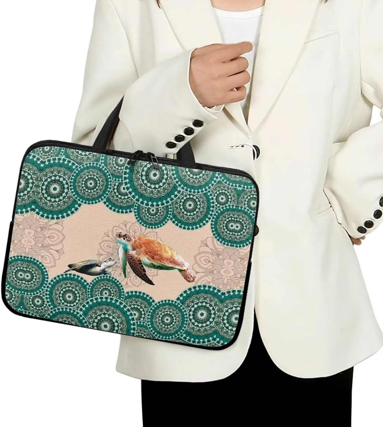 Boho Mandala Turtle Print Laptop Sleeve Case for Work Study Waterproof Travel Laptop Bag with Handle Computer Protector Carrying Briefcase Compatible 10-17inch Tablet, 17inch