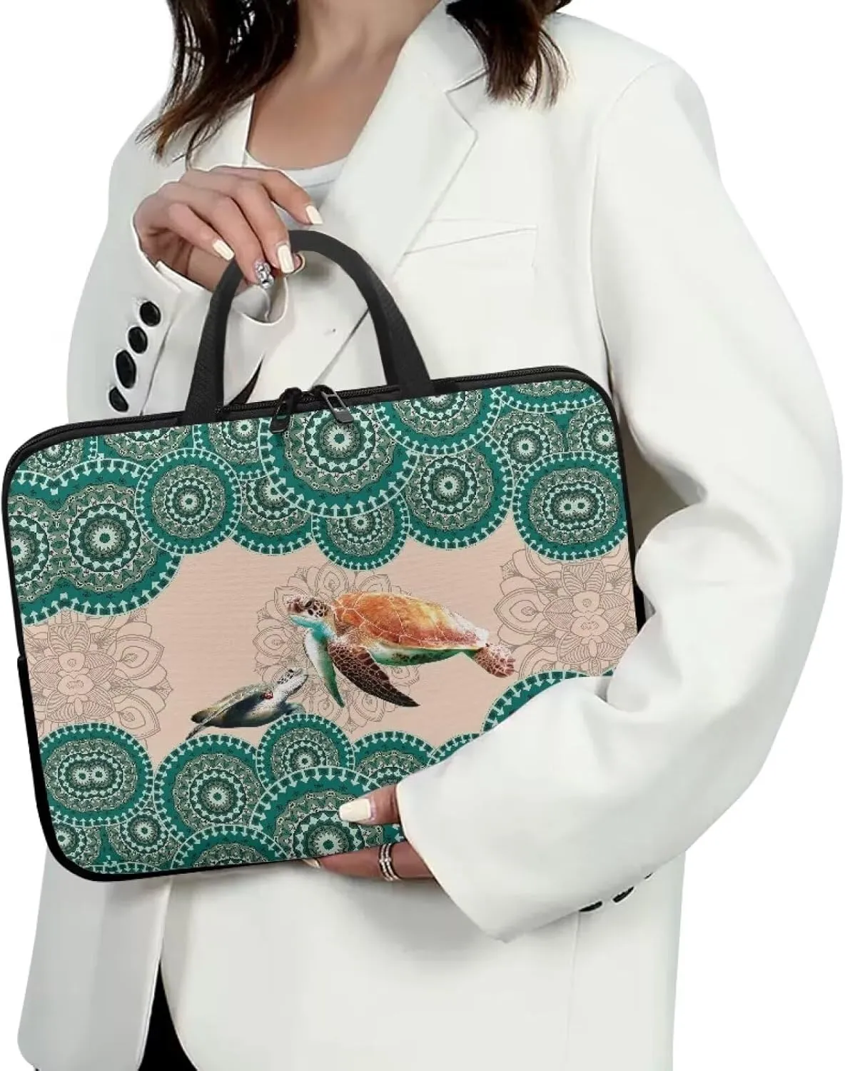 Boho Mandala Turtle Print Laptop Sleeve Case for Work Study Waterproof Travel Laptop Bag with Handle Computer Protector Carrying Briefcase Compatible 10-17inch Tablet, 17inch