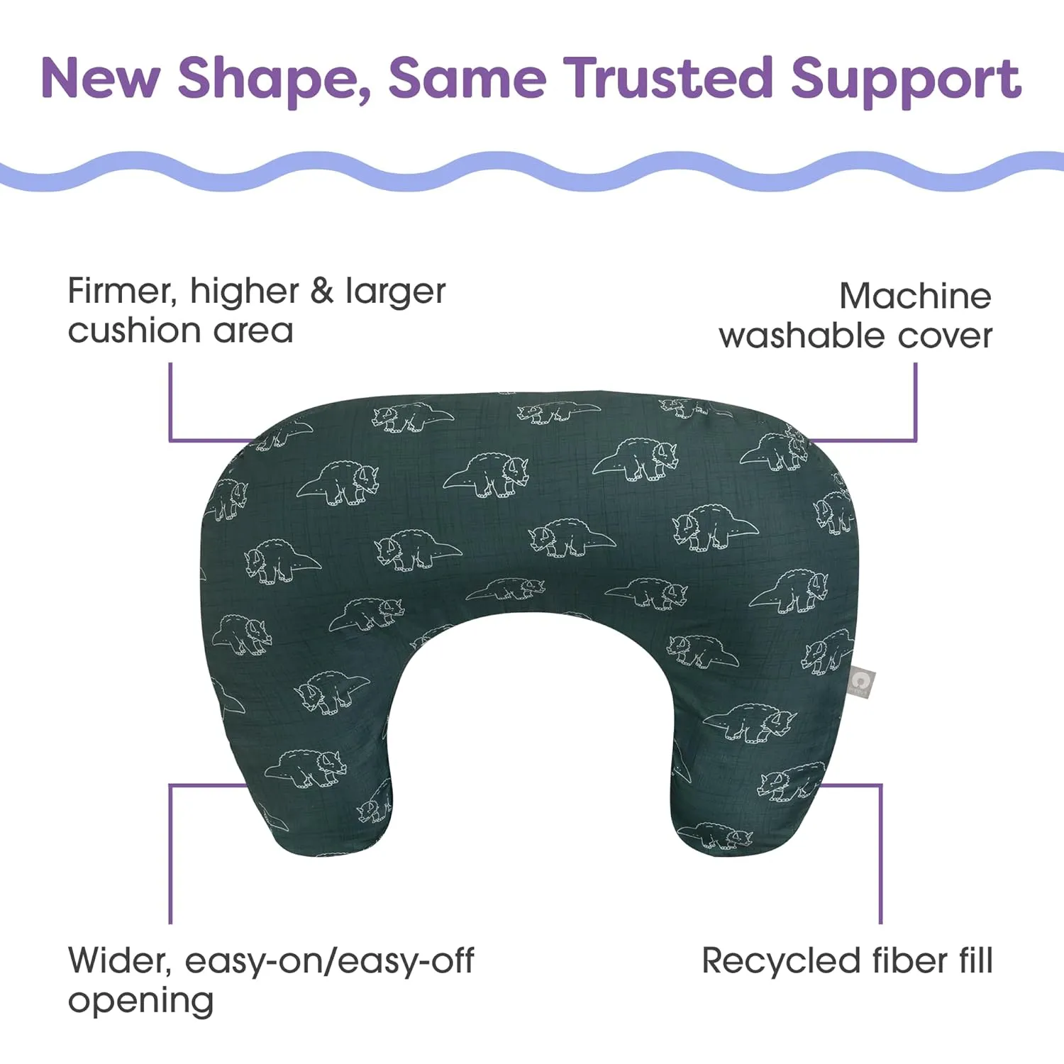 Boppy Nursing Pillow, Forest Green Dinos, Larger, More Supportive Pillow for Breastfeeding and Bottle Feeding; Firmer Fill, Higher Lift, Larger Area Than Original Nursing Pillow; JPMA Certified
