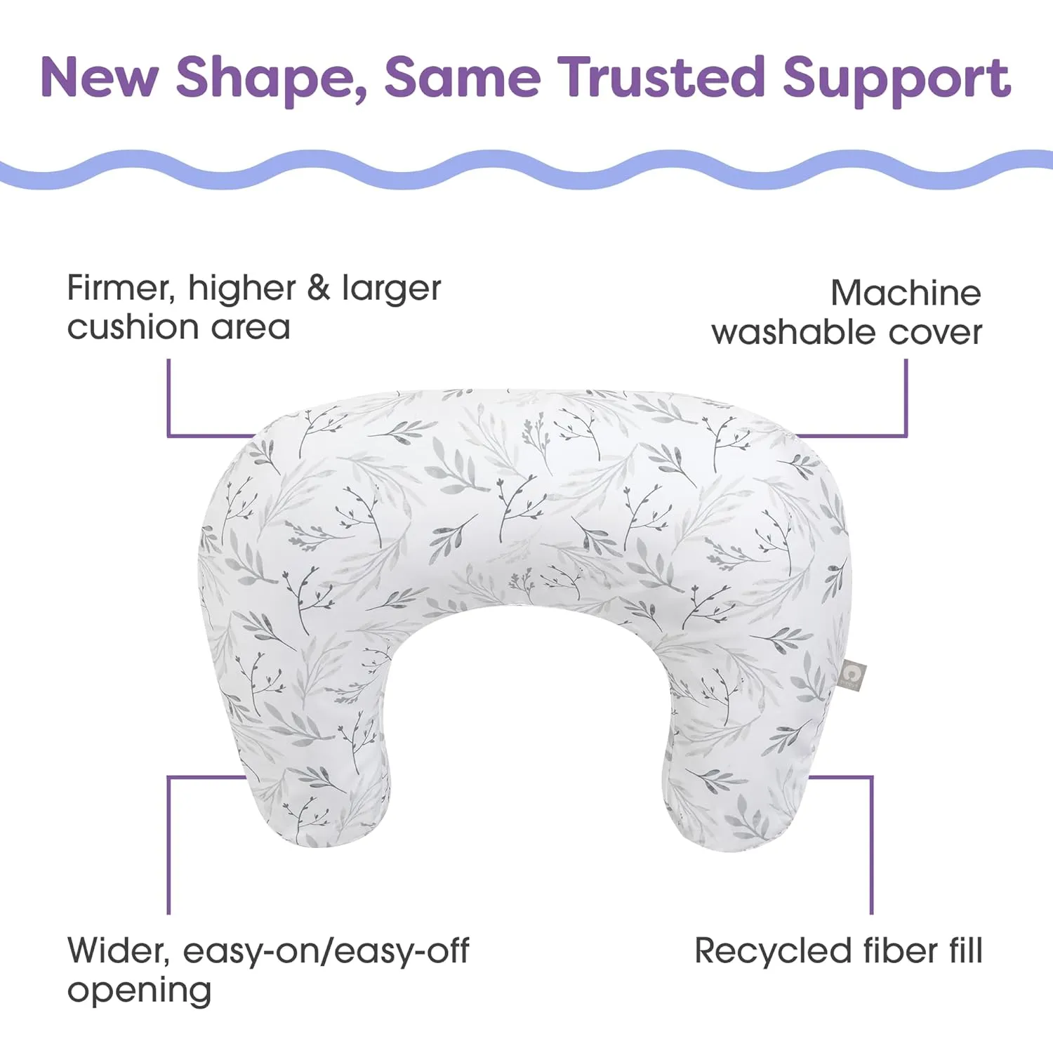 Boppy Nursing Pillow, Gray Gentle Leaves, Larger, More Supportive Pillow for Breastfeeding and Bottle Feeding; Firmer Fill, Higher Lift, Larger Area Than Original Nursing Pillow; JPMA Certified