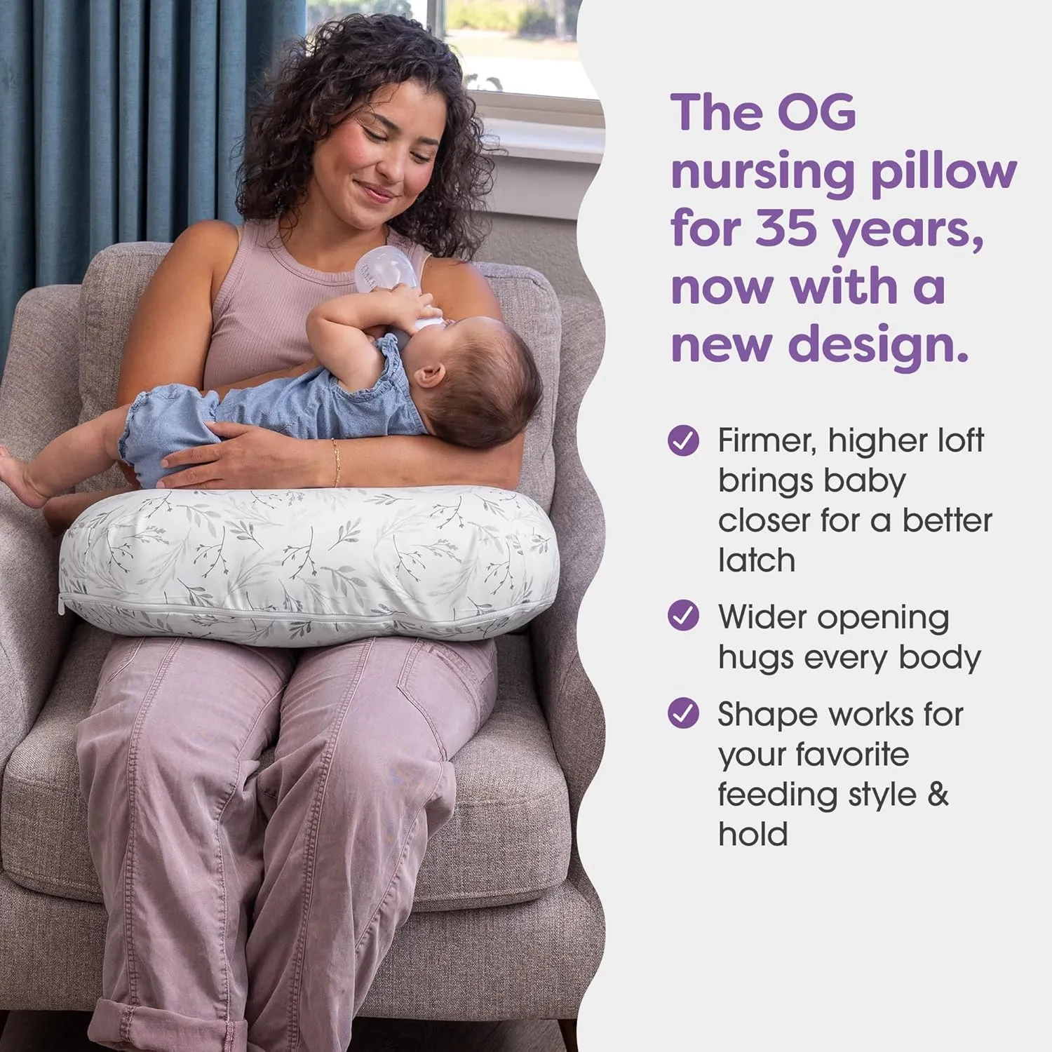 Boppy Nursing Pillow, Gray Gentle Leaves, Larger, More Supportive Pillow for Breastfeeding and Bottle Feeding; Firmer Fill, Higher Lift, Larger Area Than Original Nursing Pillow; JPMA Certified