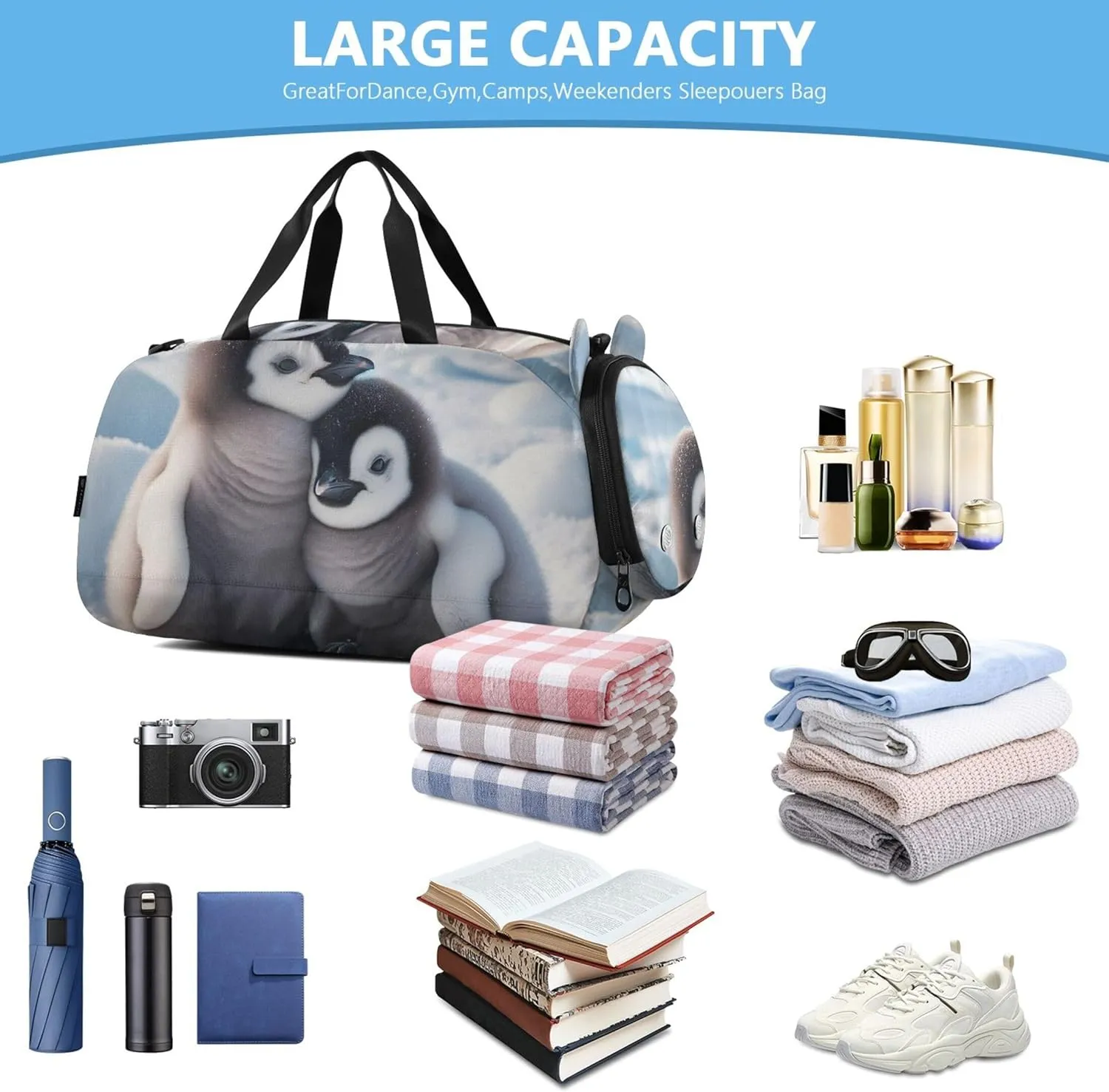 Boys Carry on Duffel Bag Cute Penguin Overnight Weekender Duffel Girls Duffle Bags for Travel Dance Duffle Bag