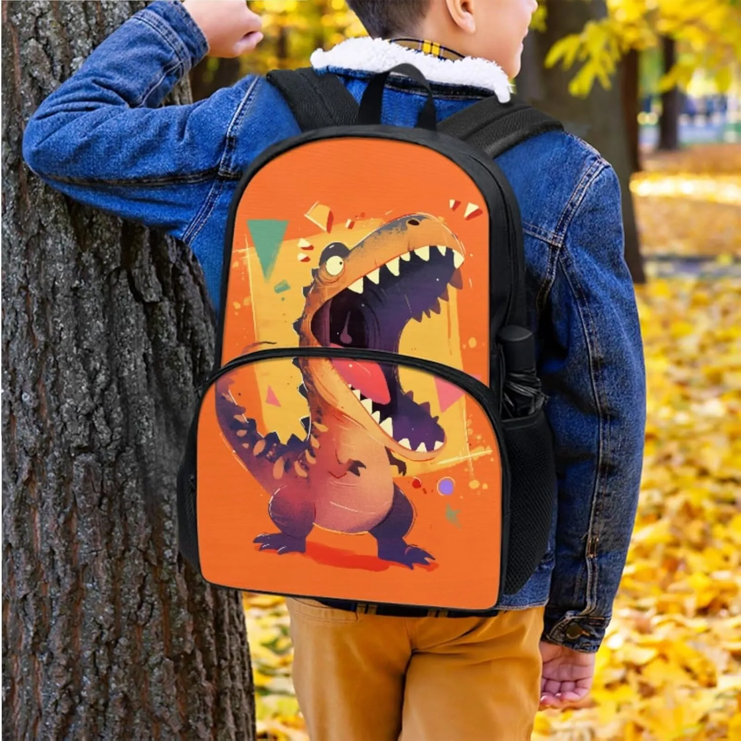 Boys Dinosaur Print Backpack with Insulated Lunch Box for Kids Cartoon Animal Theme 4 in 1 School Bag Set with Pencil Case Water Bottle Sleeve Middle School Teens Camping Daypack