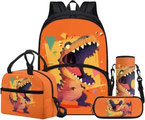 Boys Dinosaur Print Backpack with Insulated Lunch Box for Kids Cartoon Animal Theme 4 in 1 School Bag Set with Pencil Case Water Bottle Sleeve Middle School Teens Camping Daypack