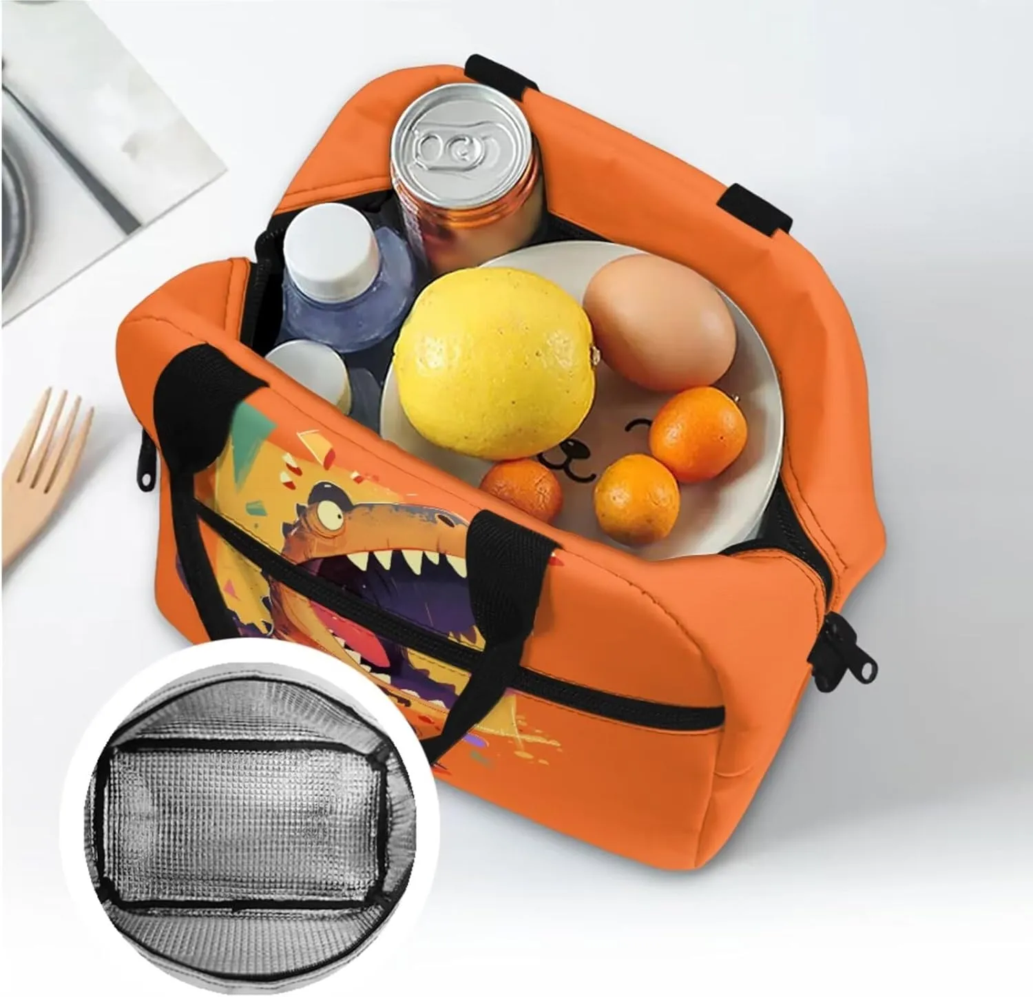 Boys Dinosaur Print Backpack with Insulated Lunch Box for Kids Cartoon Animal Theme 4 in 1 School Bag Set with Pencil Case Water Bottle Sleeve Middle School Teens Camping Daypack