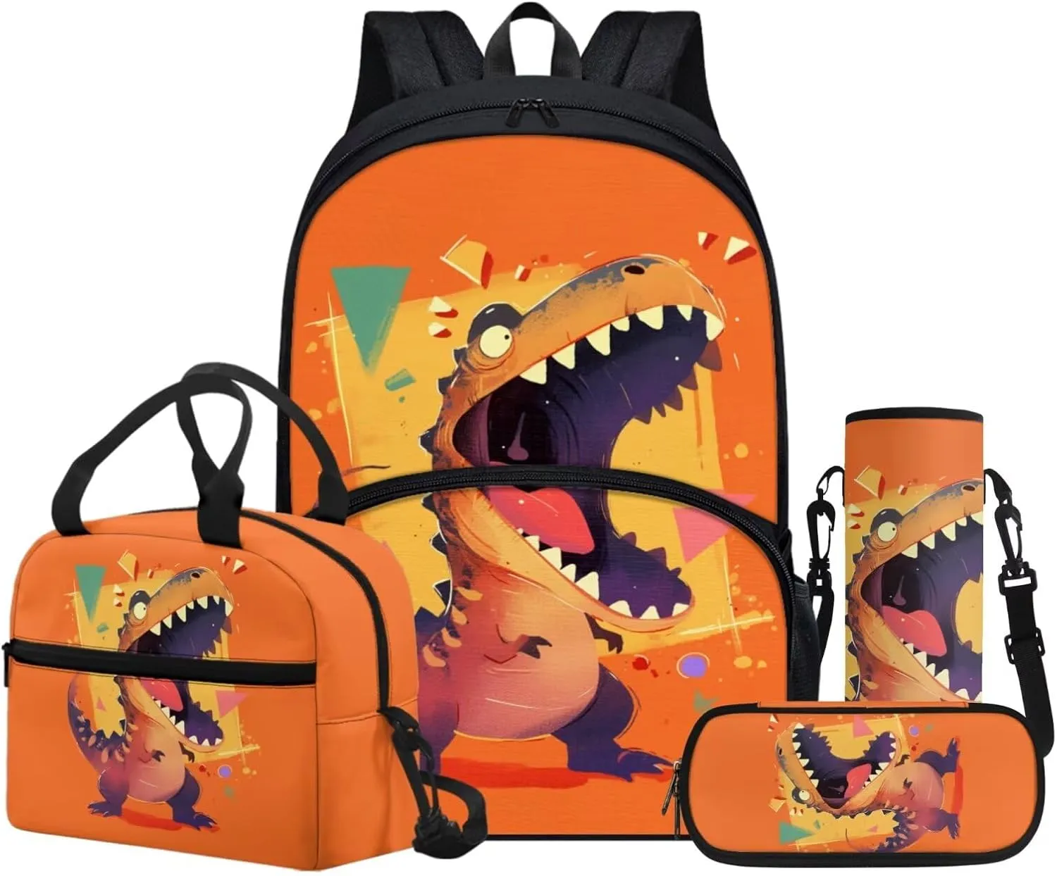 Boys Dinosaur Print Backpack with Insulated Lunch Box for Kids Cartoon Animal Theme 4 in 1 School Bag Set with Pencil Case Water Bottle Sleeve Middle School Teens Camping Daypack