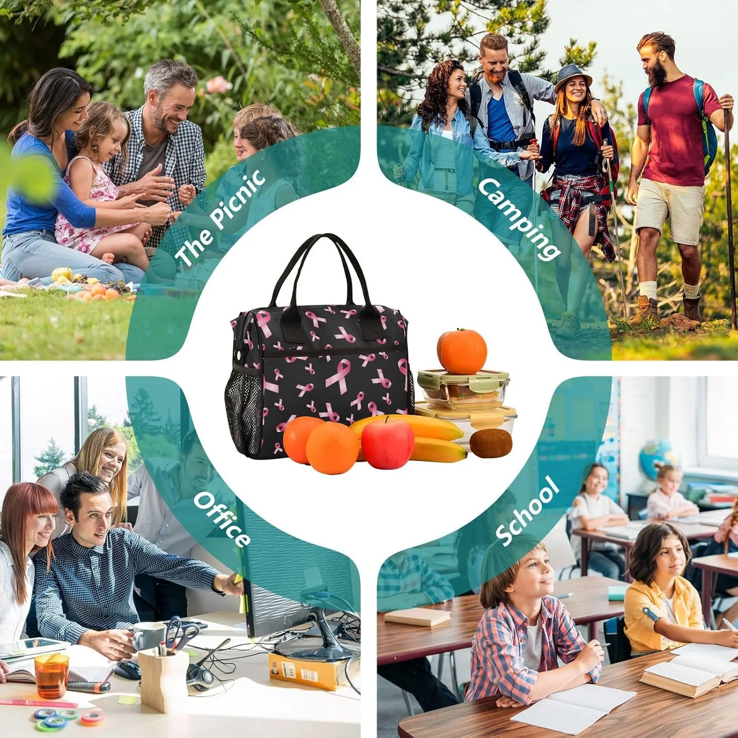 Breast Cancer Awareness Pink Ribbon Lunch Bag & Lunch Box for Women with Adjustable Shoulder Belt Insulated Portable Lunch Tote Bag Cooler Bag for Girls Travel Office Picnic