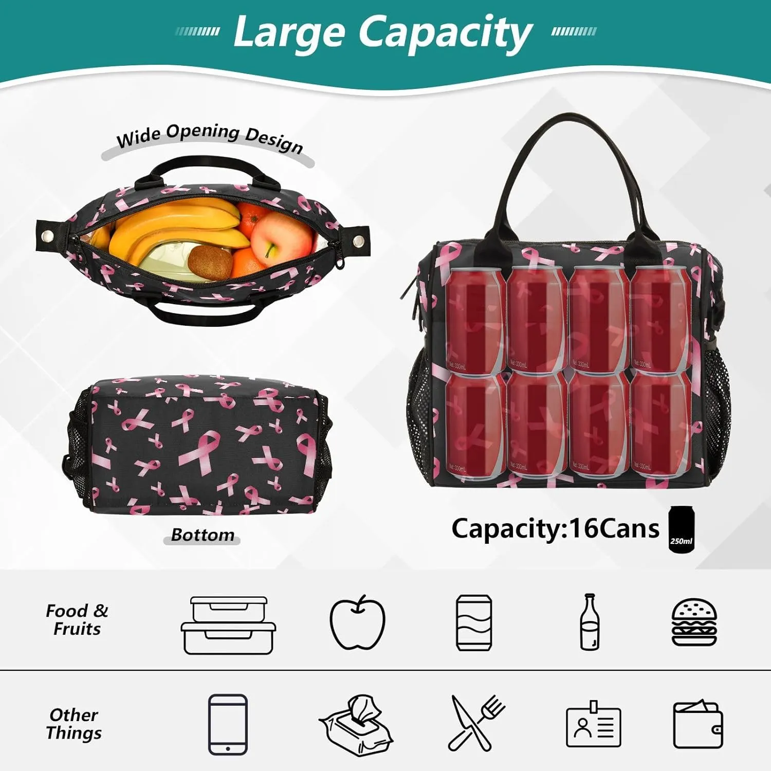 Breast Cancer Awareness Pink Ribbon Lunch Bag & Lunch Box for Women with Adjustable Shoulder Belt Insulated Portable Lunch Tote Bag Cooler Bag for Girls Travel Office Picnic