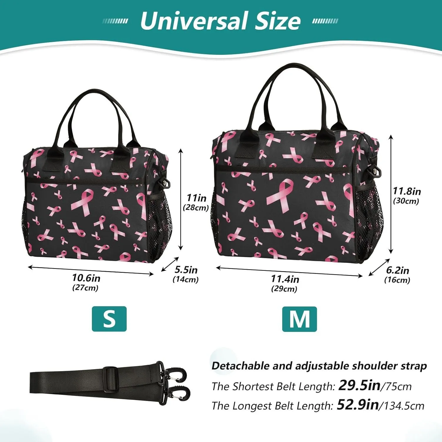 Breast Cancer Awareness Pink Ribbon Lunch Bag & Lunch Box for Women with Adjustable Shoulder Belt Insulated Portable Lunch Tote Bag Cooler Bag for Girls Travel Office Picnic