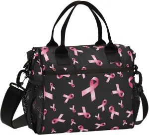 Breast Cancer Awareness Pink Ribbon Lunch Bag & Lunch Box for Women with Adjustable Shoulder Belt Insulated Portable Lunch Tote Bag Cooler Bag for Girls Travel Office Picnic