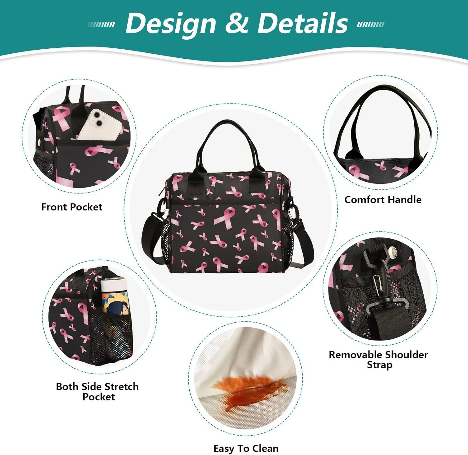 Breast Cancer Awareness Pink Ribbon Lunch Bag & Lunch Box for Women with Adjustable Shoulder Belt Insulated Portable Lunch Tote Bag Cooler Bag for Girls Travel Office Picnic