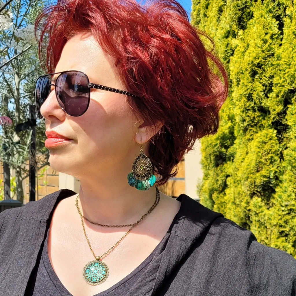 Bronze Filigree Style Chandelier Earrings with Pearlescent Sea Shell Beads