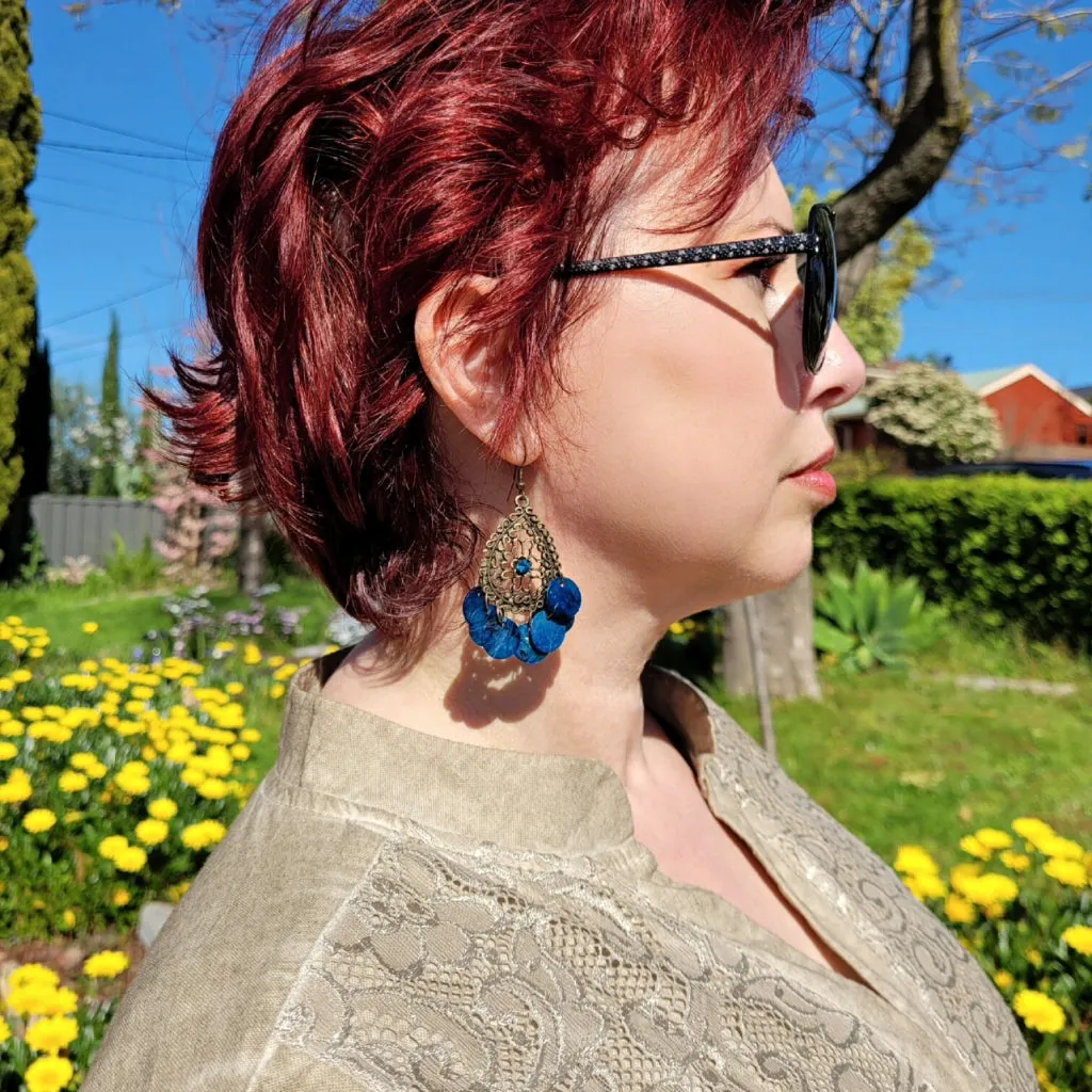 Bronze Filigree Style Chandelier Earrings with Pearlescent Sea Shell Beads