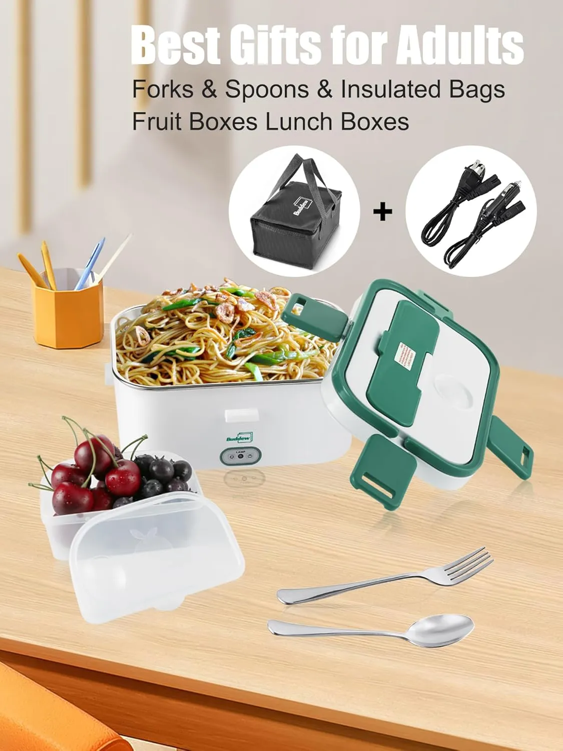 Buddew Electric Lunch Box 80W Food Heater 1.8L Large Capacity Heated Lunch Box 3 in 1 12V/24V/110V Portable Lunch Warmer for Car/Truck/Home/Office with Carry Bag and Fork and Spoon (Green)