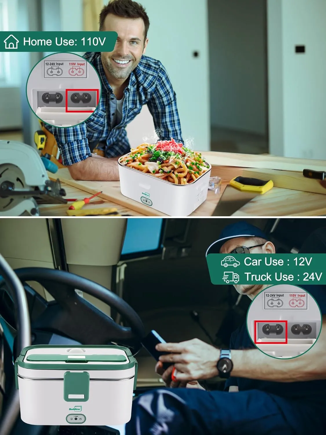 Buddew Electric Lunch Box 80W Food Heater 1.8L Large Capacity Heated Lunch Box 3 in 1 12V/24V/110V Portable Lunch Warmer for Car/Truck/Home/Office with Carry Bag and Fork and Spoon (Green)