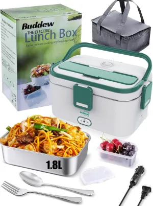 Buddew Electric Lunch Box 80W Food Heater 1.8L Large Capacity Heated Lunch Box 3 in 1 12V/24V/110V Portable Lunch Warmer for Car/Truck/Home/Office with Carry Bag and Fork and Spoon (Green)