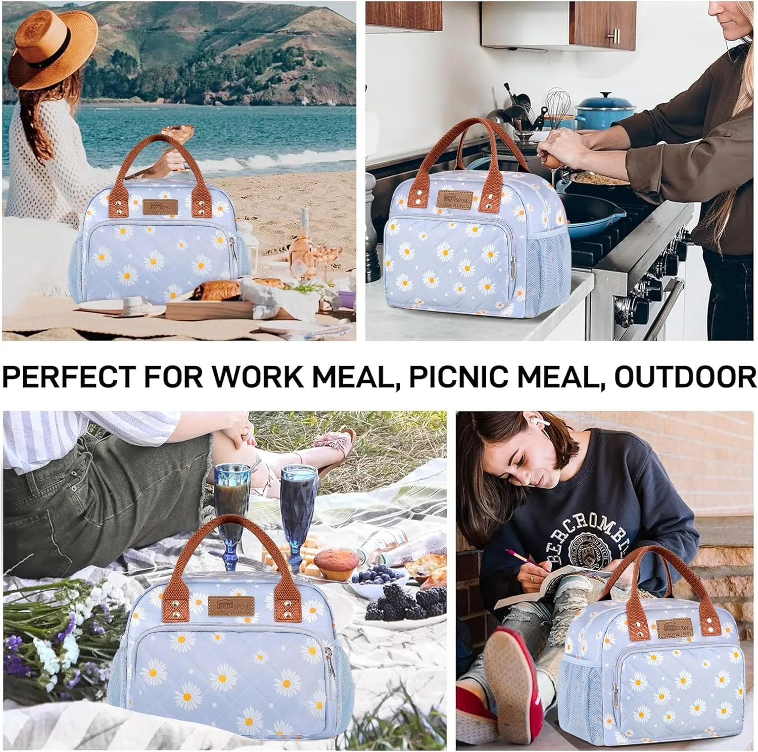 Buringer HOMESPON Lunch Bag for Woman Man Adults with Front Pocket Insulated Lunch Tote Lunch Box Container for Work Picnic or Travel（Blue Daisy）