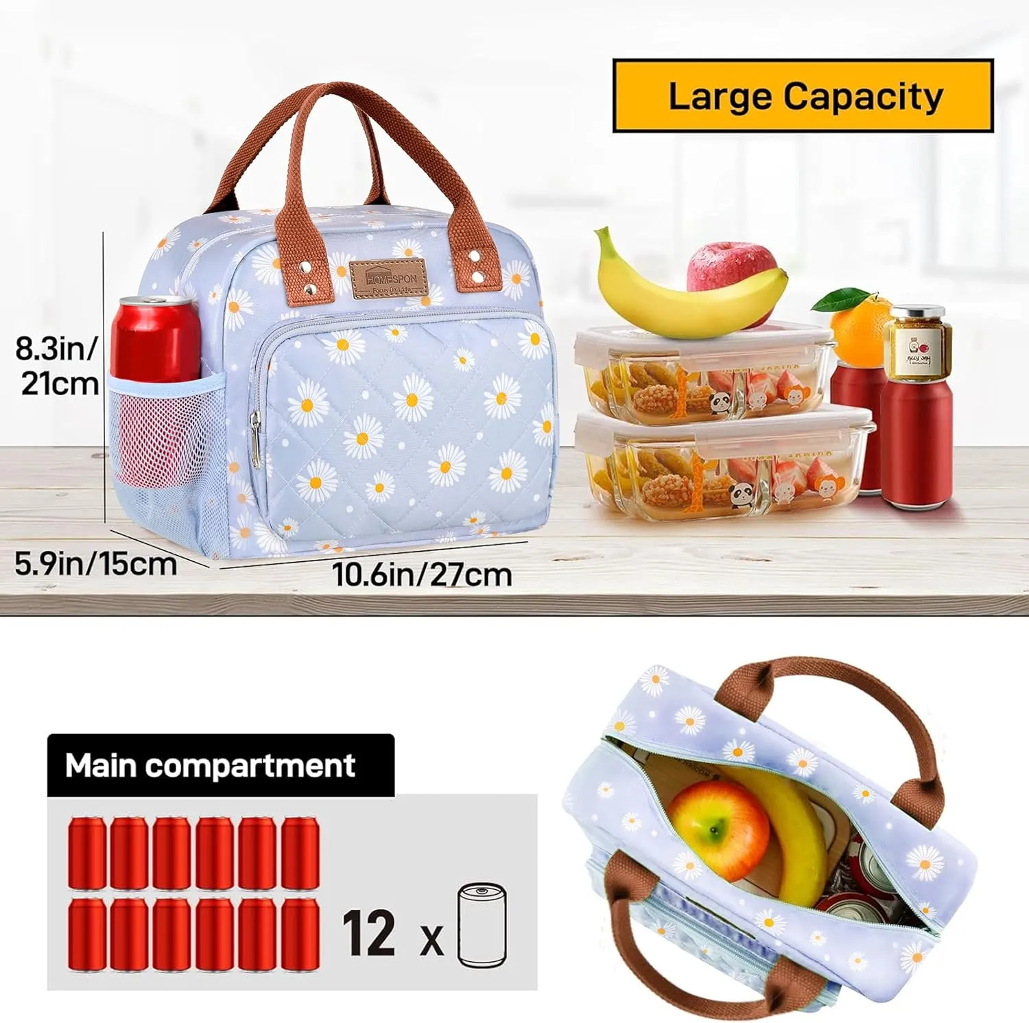 Buringer HOMESPON Lunch Bag for Woman Man Adults with Front Pocket Insulated Lunch Tote Lunch Box Container for Work Picnic or Travel（Blue Daisy）