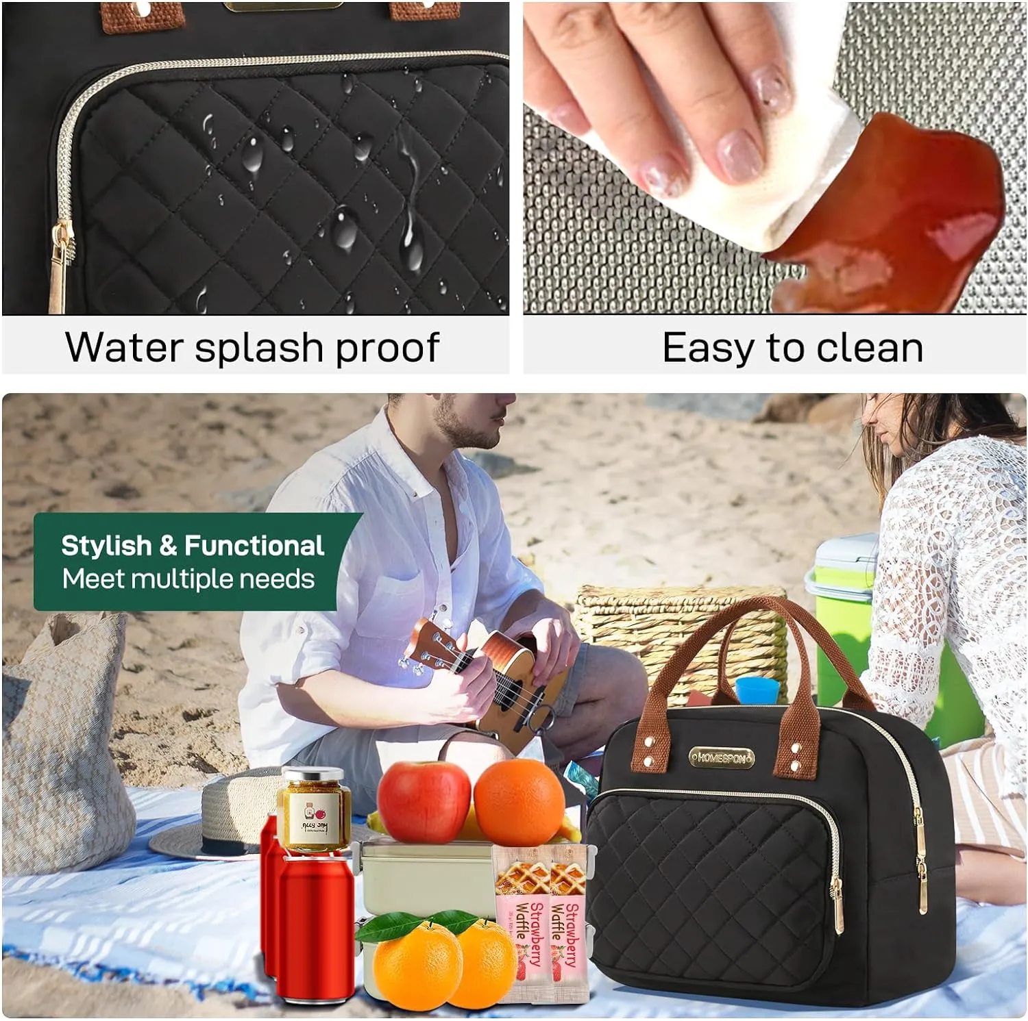 Buringer HOMESPON Lunch Bag for Woman Man Adults with Front Pocket Insulated Lunch Tote Lunch Box Container for Work Picnic or Travel（Golden Black）