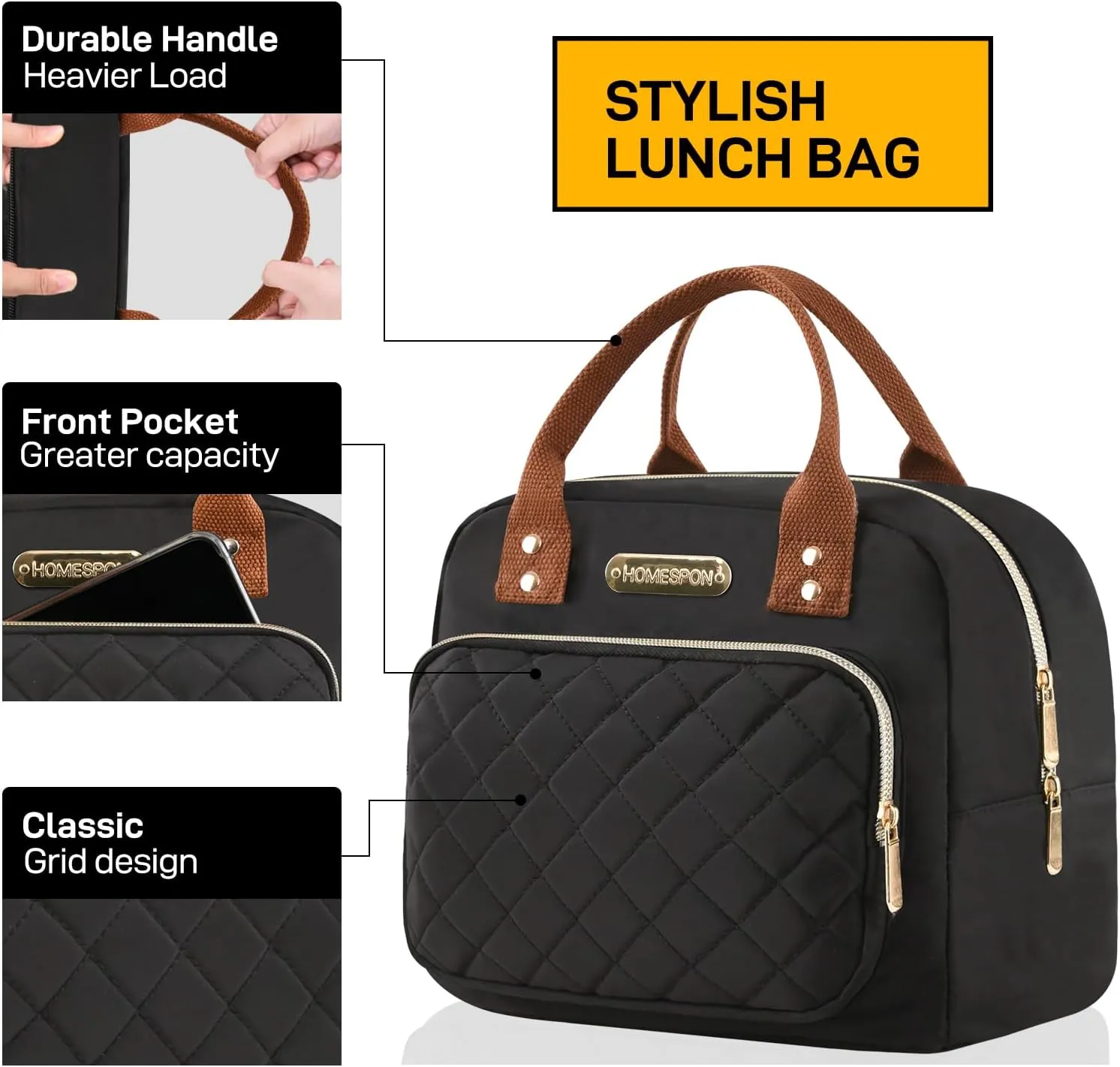 Buringer HOMESPON Lunch Bag for Woman Man Adults with Front Pocket Insulated Lunch Tote Lunch Box Container for Work Picnic or Travel（Golden Black）