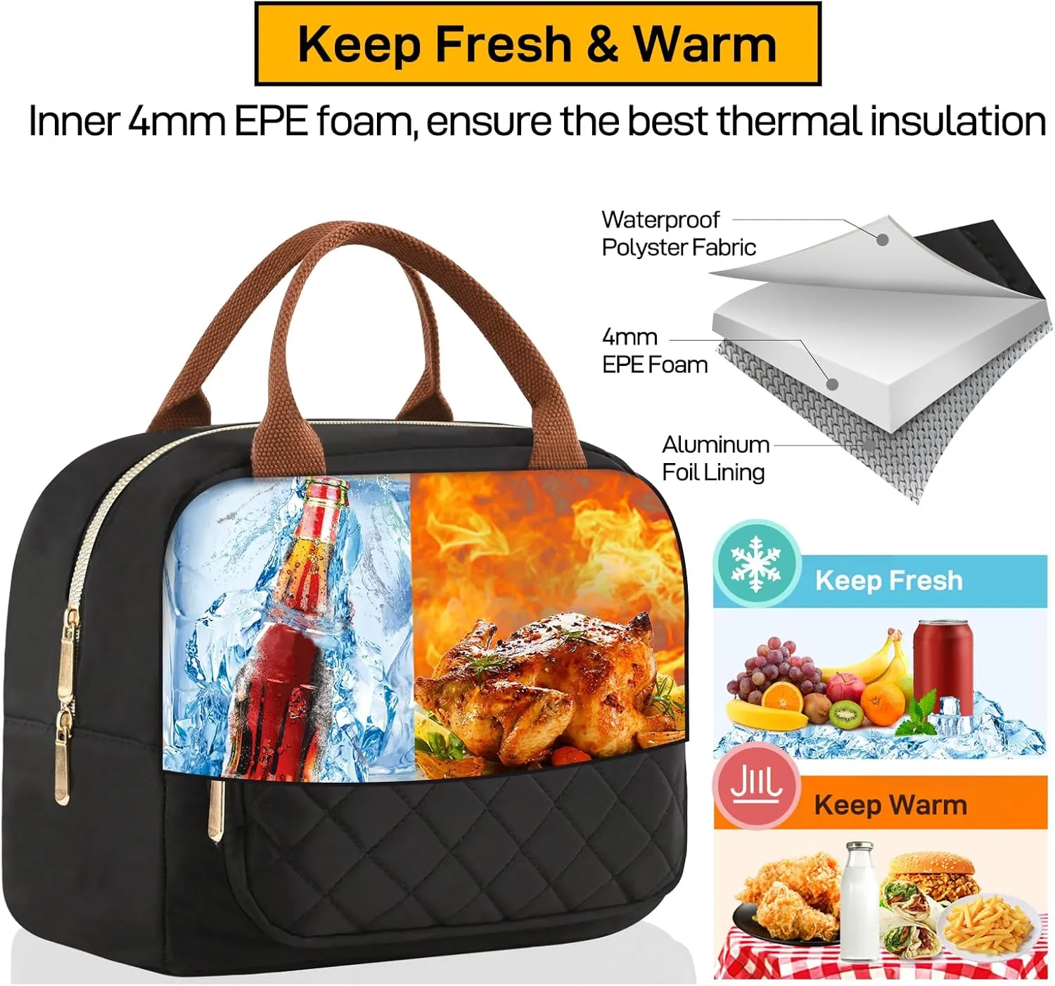 Buringer HOMESPON Lunch Bag for Woman Man Adults with Front Pocket Insulated Lunch Tote Lunch Box Container for Work Picnic or Travel（Golden Black）