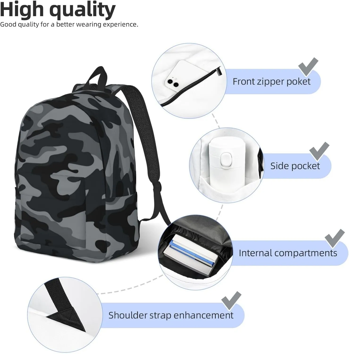 Camo Camouflage Grey Backpack 15.7 Inch Laptop Backpack Travel Hiking Daypack Multipurpose Bookbag For Men Women