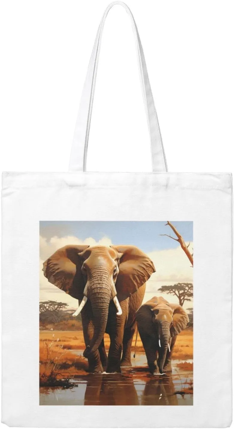 Canvas Aesthetic Tote Bag for Women Handbag Elephant Family Reusable Grocery Bags with Handles